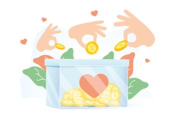 Viele Hände werfen Münzen in eine Spendenbox